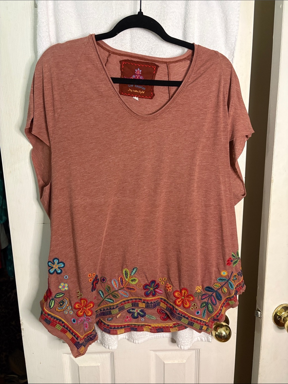 Johnny Was Embroidered Hem Short Sleeve Tee - Dusty Rose